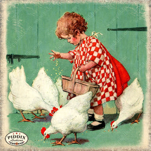 Pdxc21531B -- Farm Girl Feeding Chickens Color Illustration