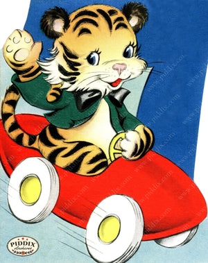 Pdxc24206A -- Tiger Cub Driving Car Color Illustration