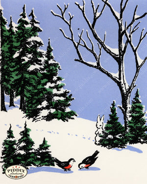 Pdxc24225A -- Christmas Birds And Rabbit In Snow Color Illustration