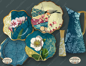Pdxc24349 -- Bird And Flower Dishes Pitcher & Vase Color Illustration