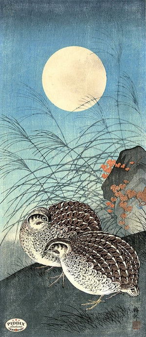 PDXC19560-- Japanese Birds and Moon Woodblock