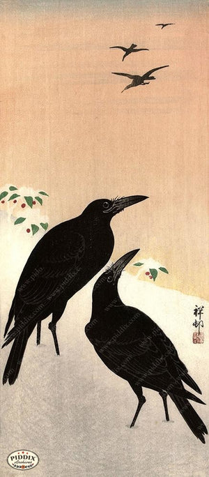 PDXC19576 -- Japanese Ravens in Snow Woodblock