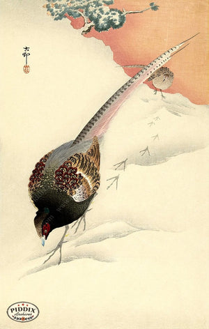 PDXC19593-- Japanese Pheasants and Snow Woodblock