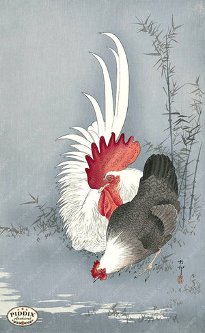 PDXC19596 -- Japanese Rooster and Hen Woodblock