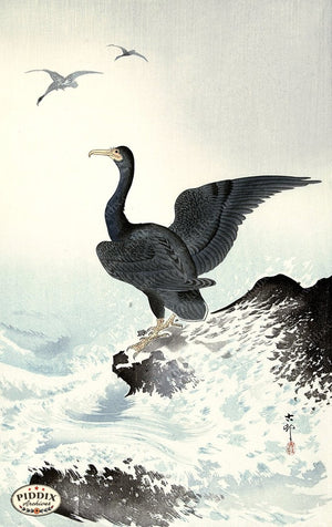 PDXC19599 -- Japanese Birds and Waves Woodblock