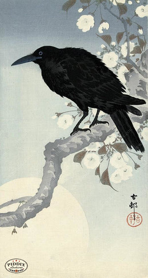 PDXC19632 -- Japanese Raven and Flowers Woodblock