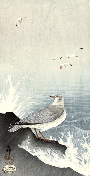 PDXC19688 -- Japanese Birds and Waves Woodblock