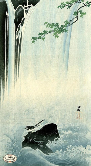 PDXC19690 -- Japanese Bird and Waterfall Woodblock