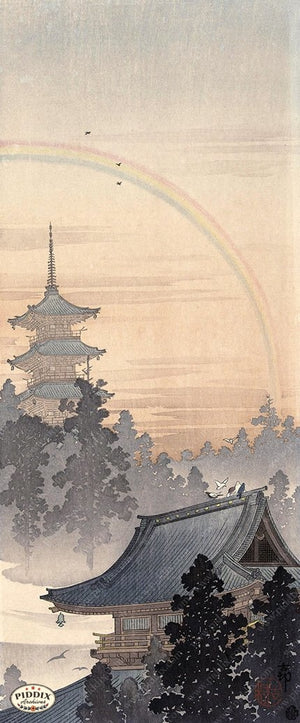 PDXC19722 -- Japanese Temple and Rainbow Woodblock