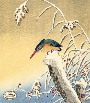 PDXC19727 -- Japanese Kingfisher Bird in Snow Woodblock