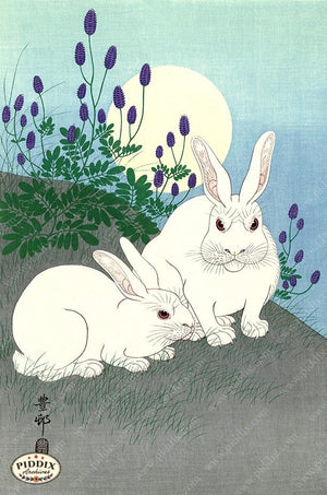 PDXC19746 -- Japanese Rabbits and Moon Woodblock