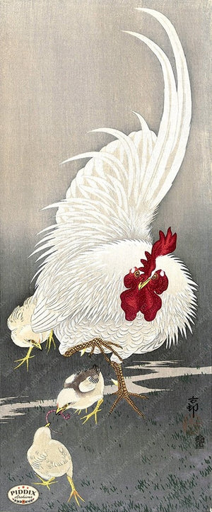 PDXC19764-- Japanese Rooster and Chicks Woodblock