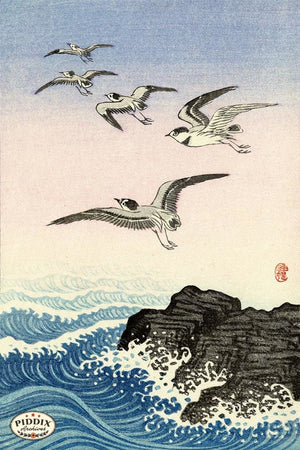 PDXC19768 -- Japanese Birds and Waves Woodblock