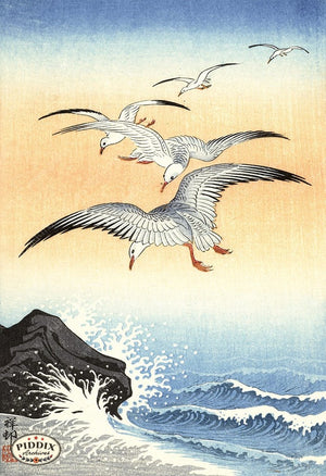 PDXC19775 -- Japanese Birds and Waves Woodblock