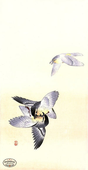 PDXC19786 -- Japanese Sparrows Flying Woodblock
